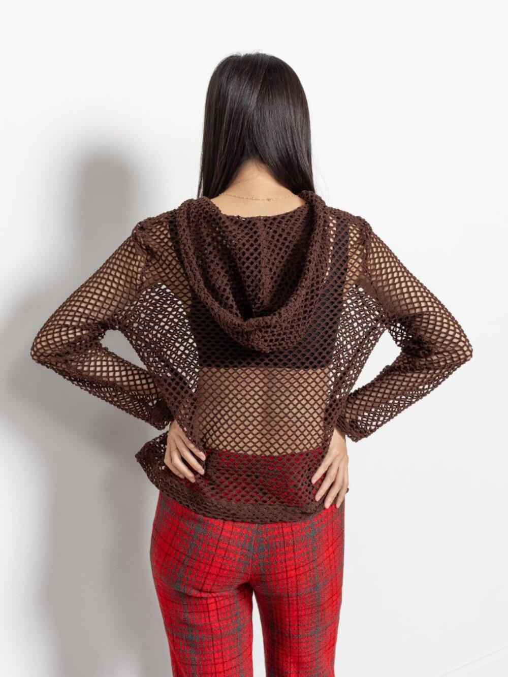 HOODED FISHNET TOP Brown Vintage Long Sleeves Oversize Zip Up / Medium